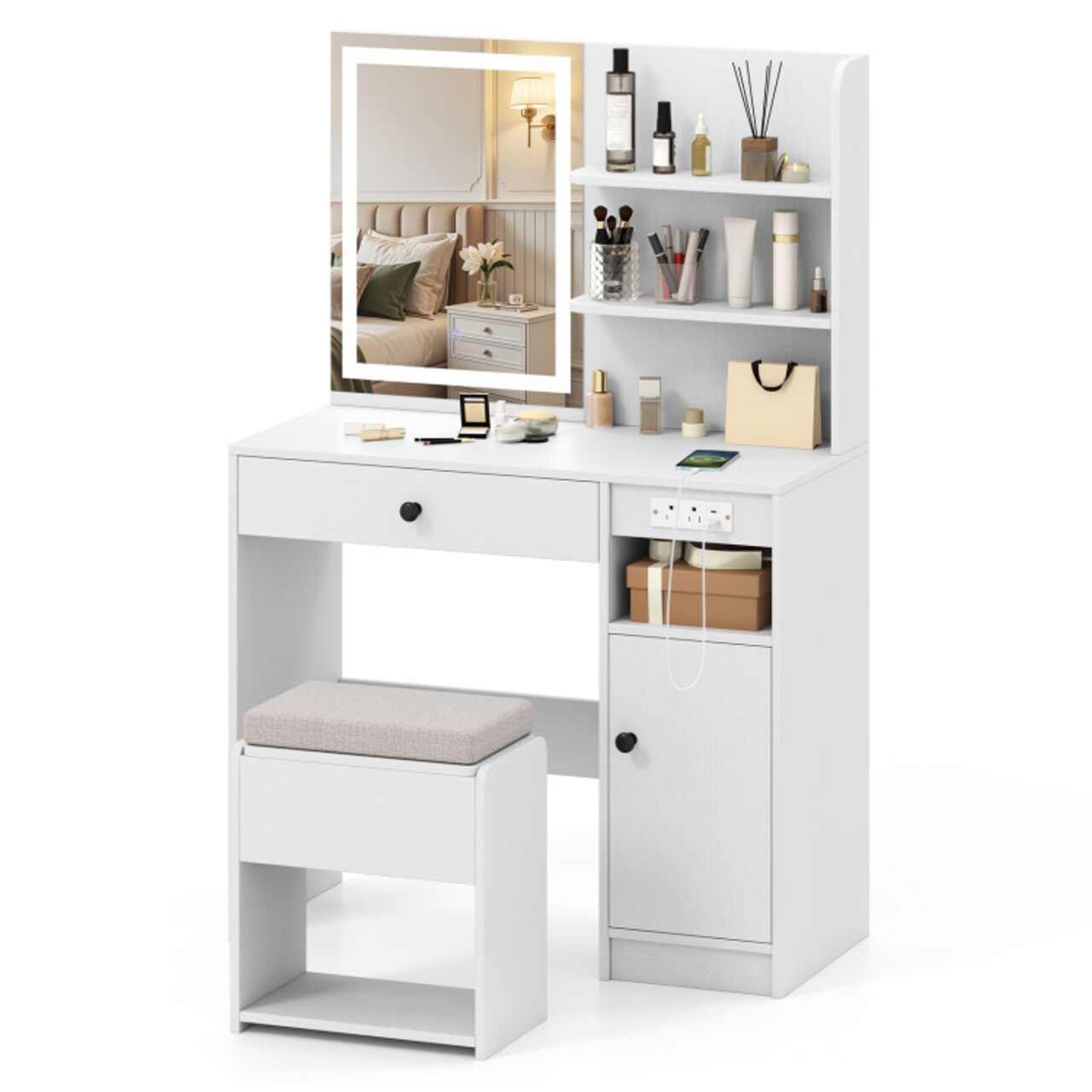 Vanity Desk with LED Lights, Adjustable Brightness, Drawer, and Stool